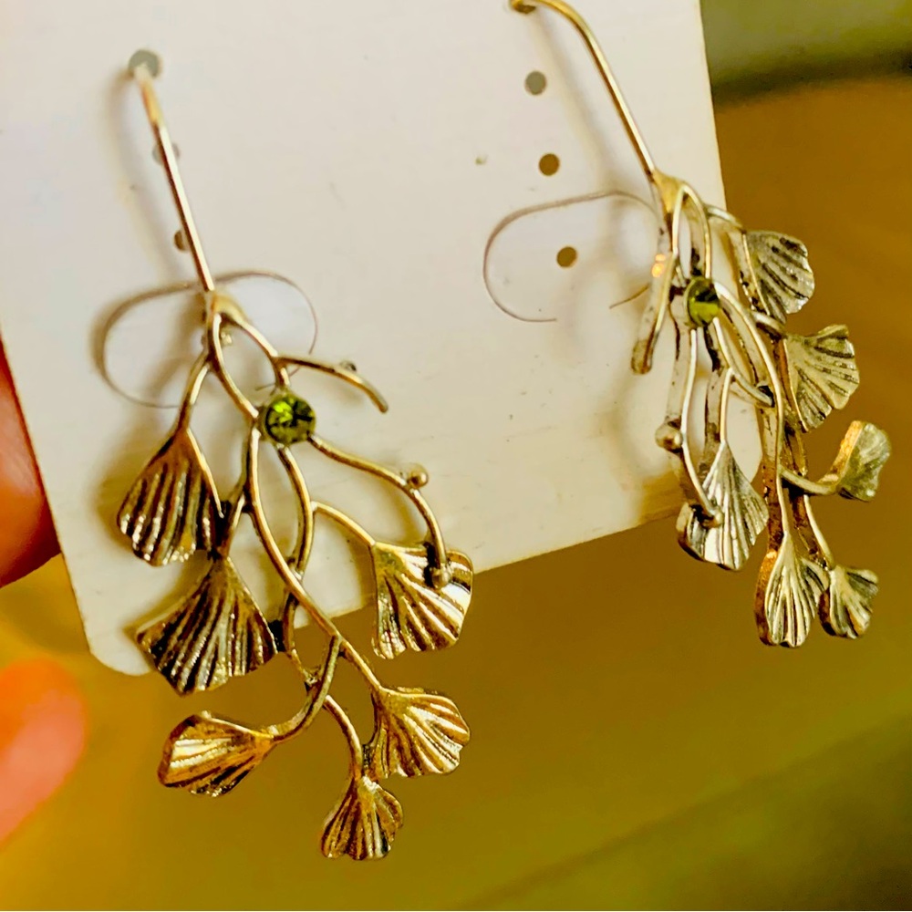 Ginkgo Leaf Silvery plus green Long Earrings
